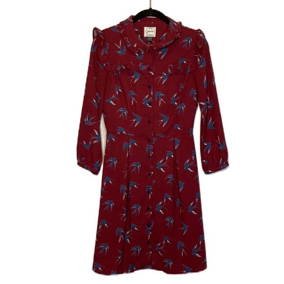 Joanie Maroon Bird Print Tee Shirt Peter Pan Collar Cutesy Dress Size 4 - Picture 1 of 6
